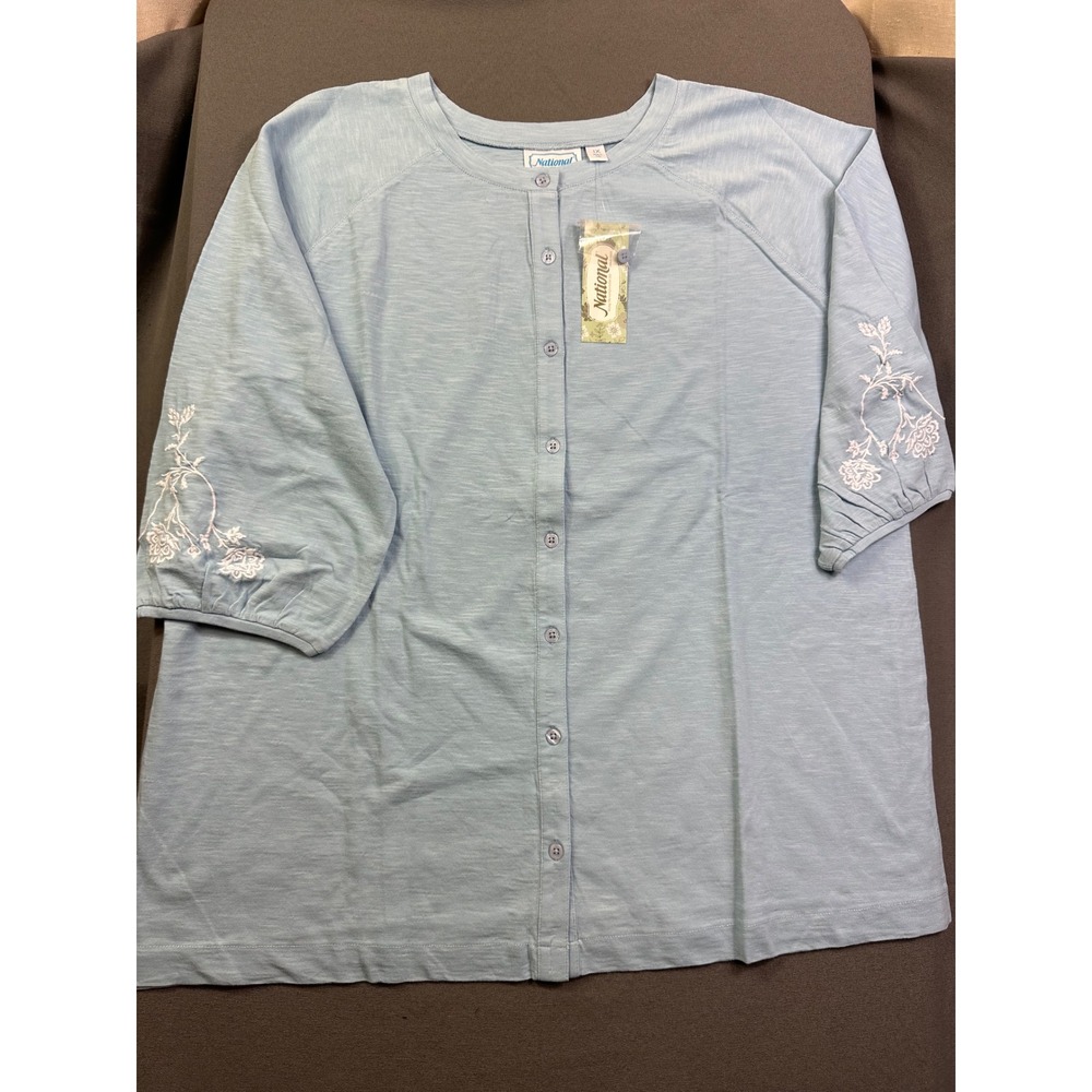 National Blue Bell Floral Embroidered Slub Knit Button Front Top 1X 24581